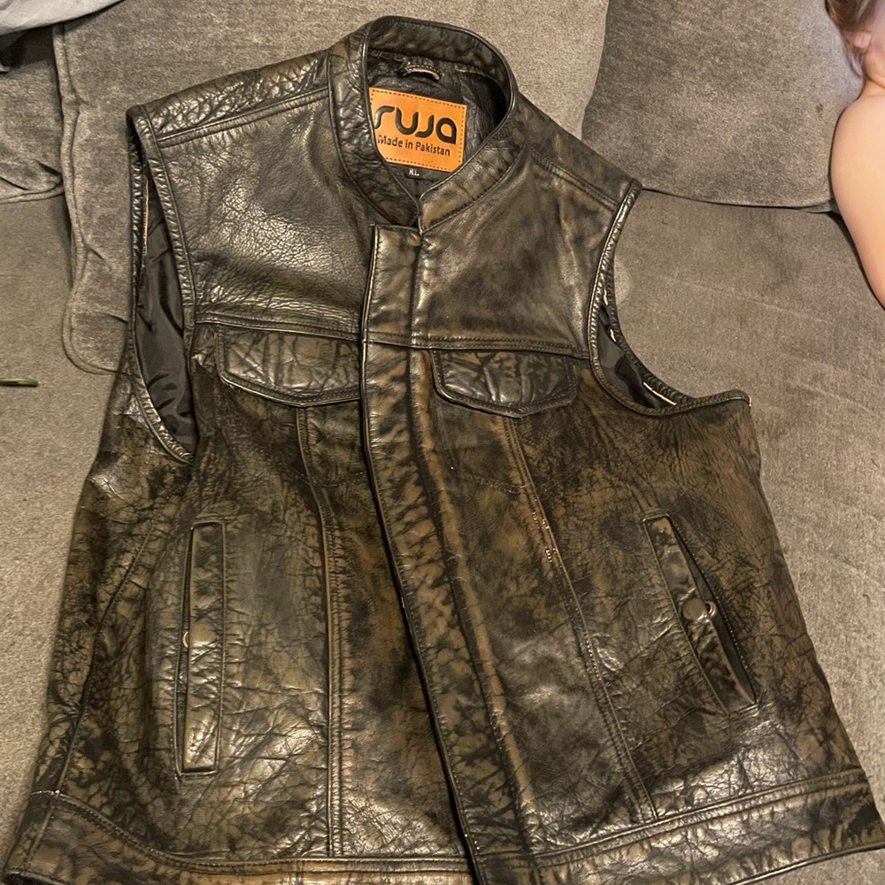 Source Unknown Distressed Black Brown Leather Vest